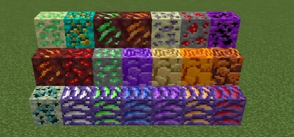 Colorful custom ore blocks in three rows