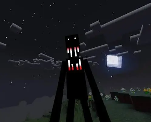 Tall shadowy creature with glowing eyes at night