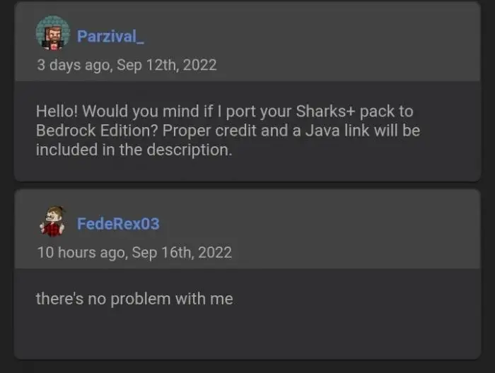 Two users discuss porting a shark texture pack.