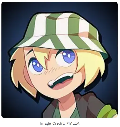 Cartoon avatar with blue eyes and striped hat