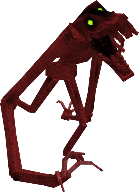 Red skeletal creature with glowing green eyes