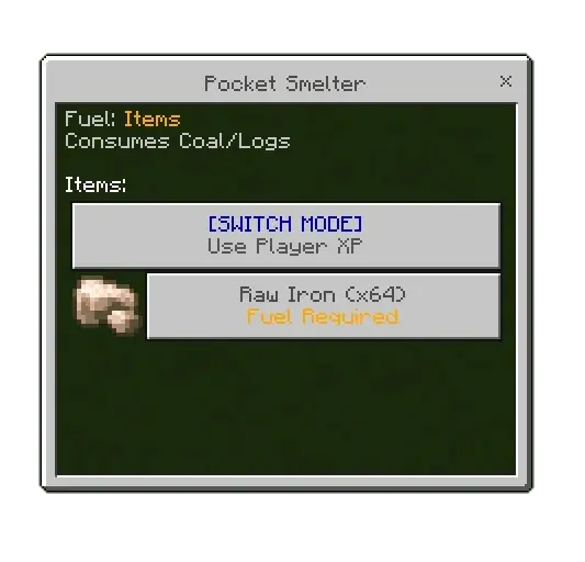 ALT Pocket Smelter menu with fuel options