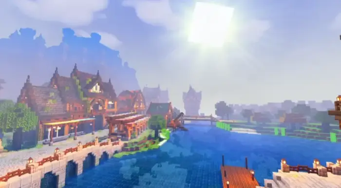 Vibrant village with water reflections and sun