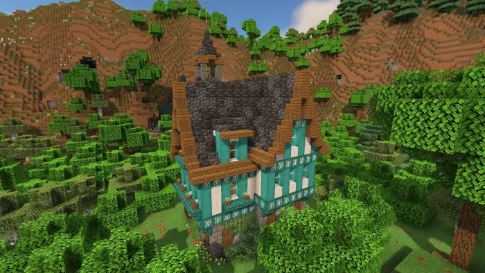 Half-timbered cottage in a lush forest