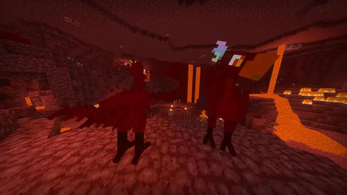 Two red Chocobos in a fiery cave