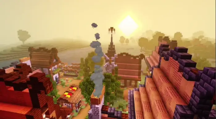 Warm sunrise over stylized village rooftops