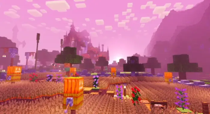 Vibrant sunset over a stylized blocky field