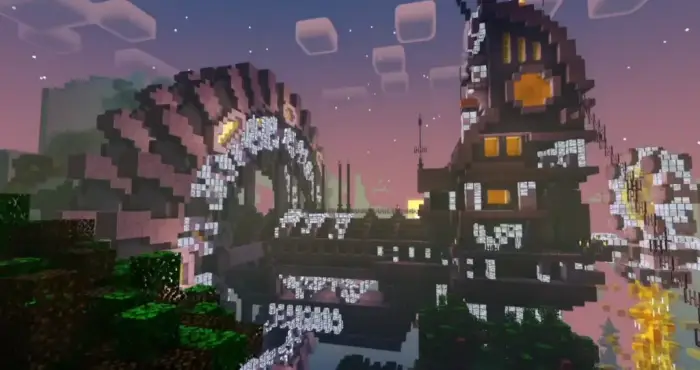 Fantasy house with glowing lights at sunset