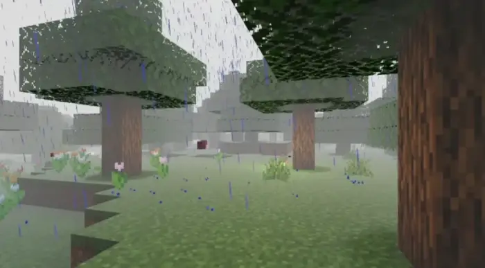 Soft shadows and rain on blocky trees