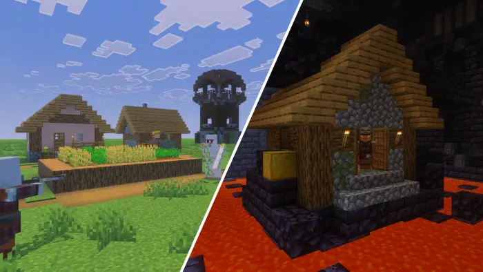 An image split into two scenes: left side shows a pillager attacking an iron golem in a village, with a watchtower visible in the distance, right side shows a villager inside a house placed in a bastion.