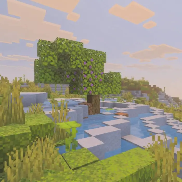 Blocky landscape with a tree and flowing water