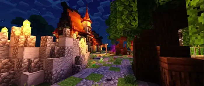 Vivid village scene with enhanced lighting