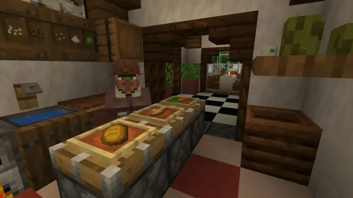 Kitchen interior with villager and food displays