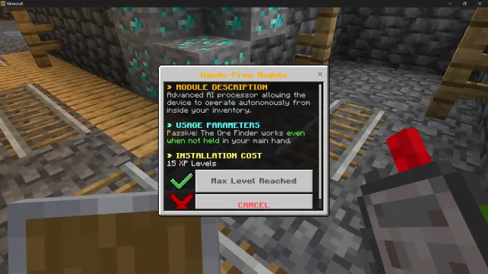 ALT Ore scanner upgrade menu with rails and ore