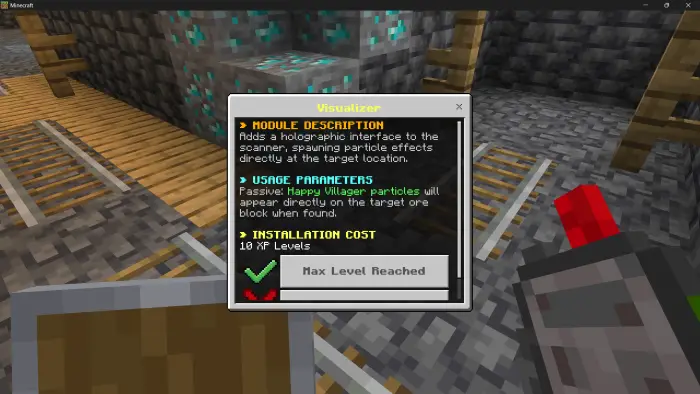 Ore scanner upgrade menu with particle info