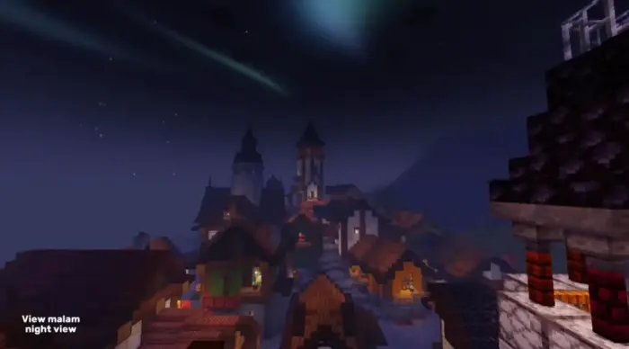 Nighttime village with enhanced lighting effects