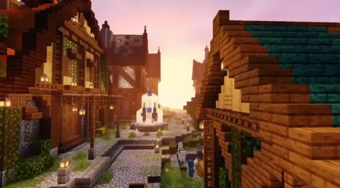 Warm sunset lighting on detailed village street