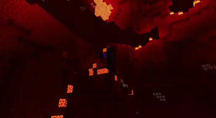 Glowing lava and shadows in a red cave