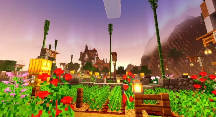 Vibrant garden with glowing sunset lighting