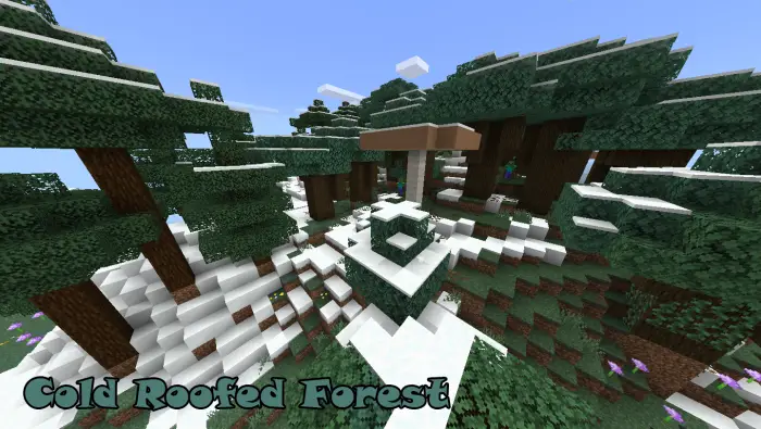 Snowy forest with tall trees and mushrooms