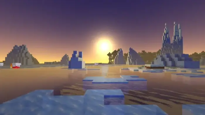 Sunset over icy landscape with enhanced water