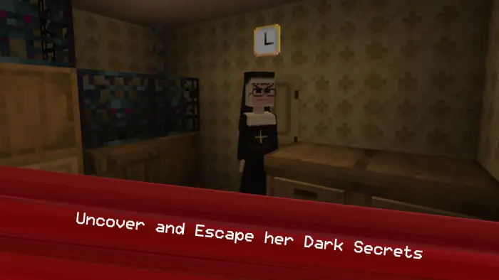 Blocky nun character in a dim, eerie room