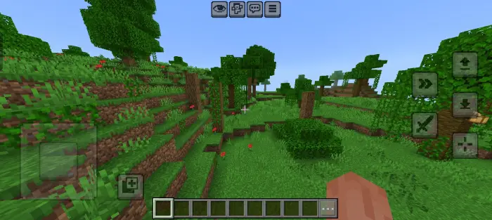 First-person view of a blocky forest landscape
