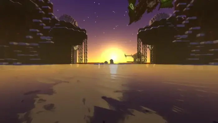 Vivid sunset over reflective water and blocks