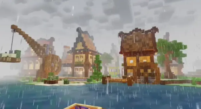 Rainy village scene with enhanced shaders