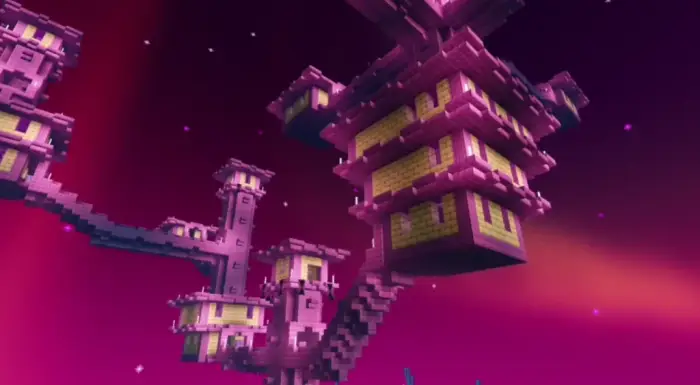 Vivid shader lighting on floating pixel towers