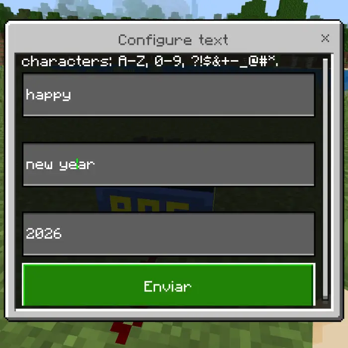 Text input screen for custom fireworks messages.