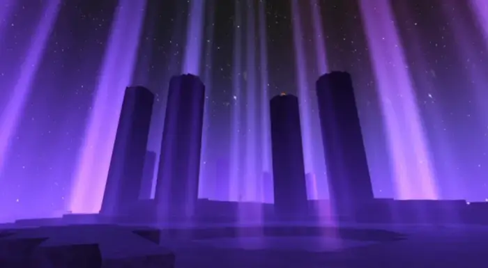 Purple light beams shine around dark towers