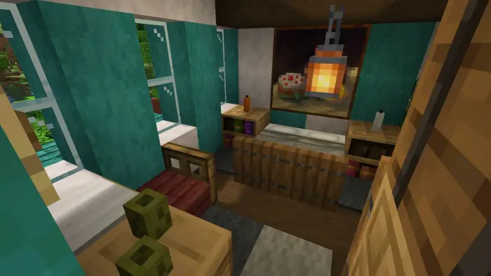 Cozy cottage interior with beds and lantern