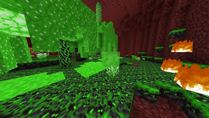 Glowing green swamp biome with fire patches