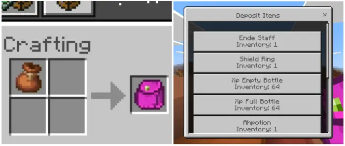 Left Crafting a unique pink item Right Inventory list with custom items