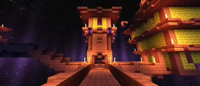 Brightly lit blocky temple with enhanced sky