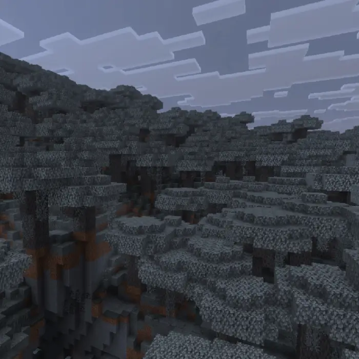 Gray, rocky terrain with dense leafless trees