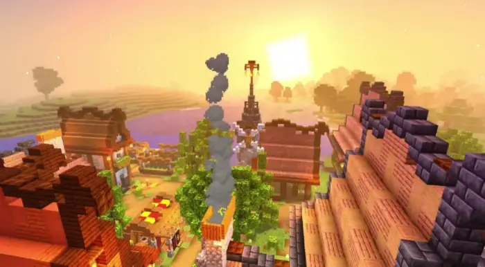 Sunset over a vibrant, blocky village scene