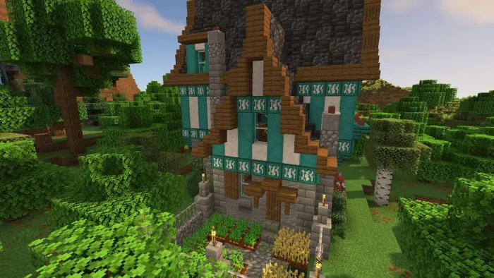 Half-timbered cottage with garden in forest