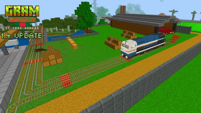 Blocky train yard with tracks and warehouse