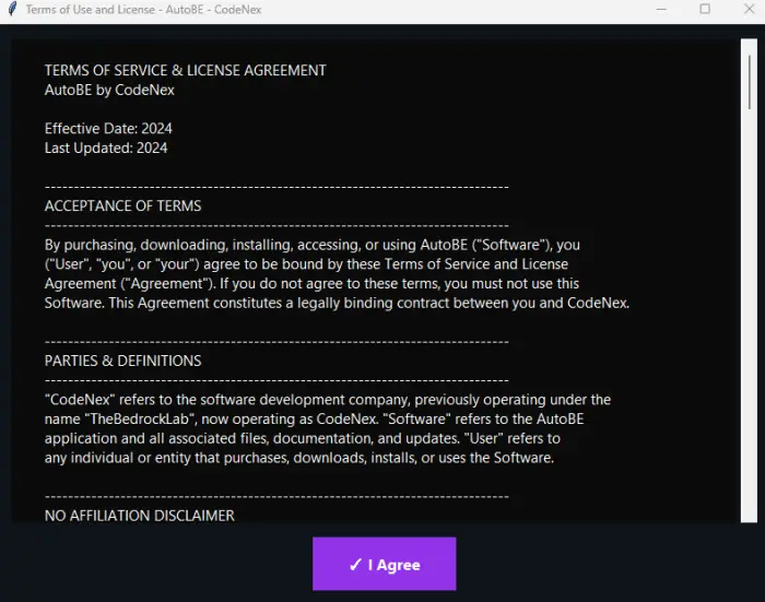 ALT Software license agreement window