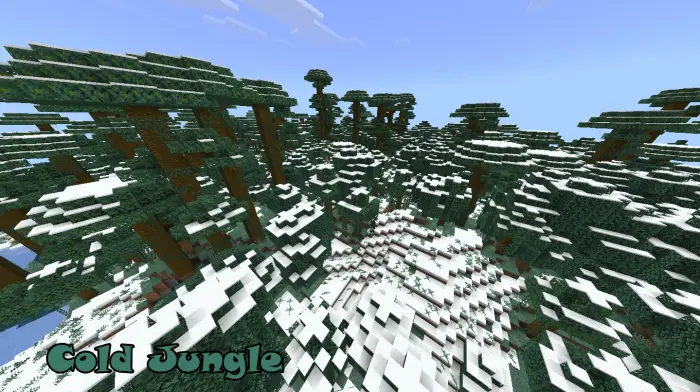 Snow-covered jungle trees and terrain