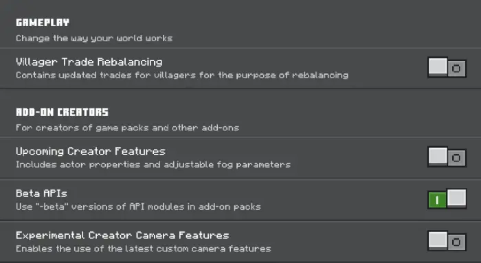 Game settings menu with add-on options toggles