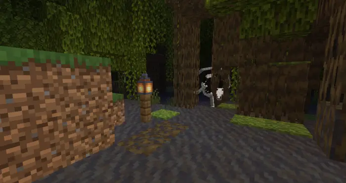 Spectral horse lurks in a shadowy forest.