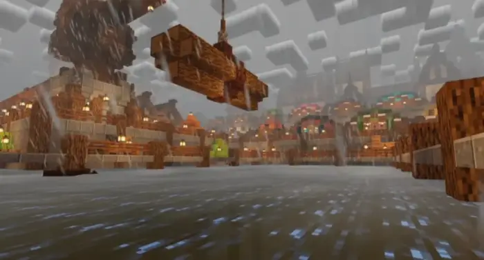 Rainy village scene with enhanced lighting.