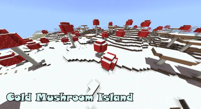 Snowy landscape with large red mushrooms