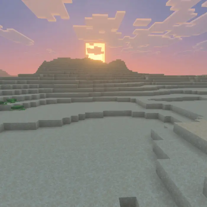 Blocky beach landscape at sunset