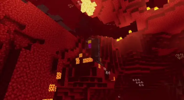 Glowing lava and shadows in a red cavern