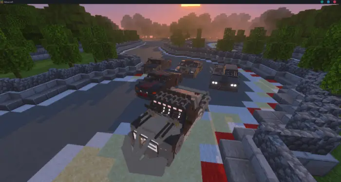 Armored cars racing on a winding track