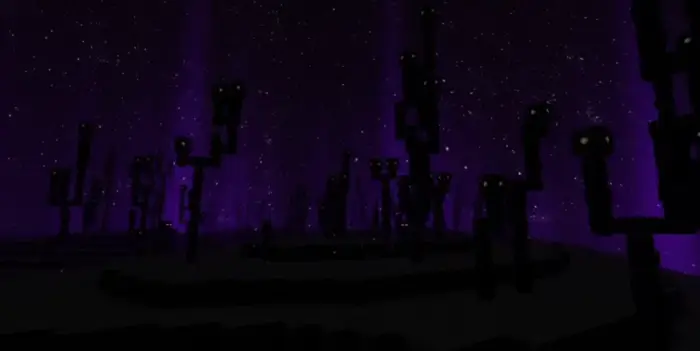 Dark landscape with glowing-eyed figures, purple sky